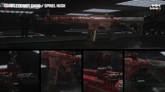MW3 camos: The Spinel Husk Mastery camo on an assault rifle, displayed as a collage.
