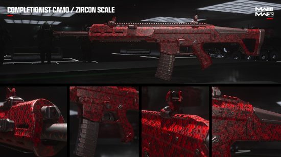 MW3 camos: The Zircon Scale Mastery camo on an assault rifle, displayed in a collage.