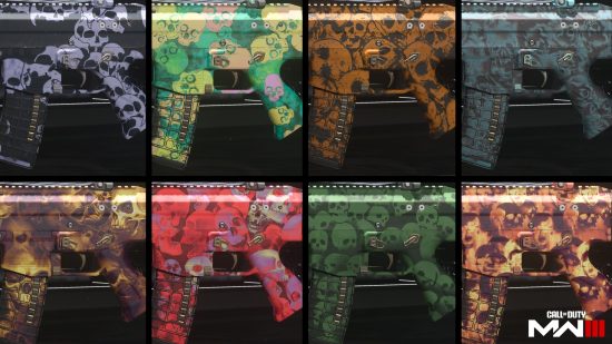 MW3 camos: A collage of camos that can be earned in Modern Warfare Zombies.