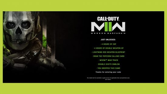 MW3 code 2XP tokesn 8 hours: an image of the code redeem screen