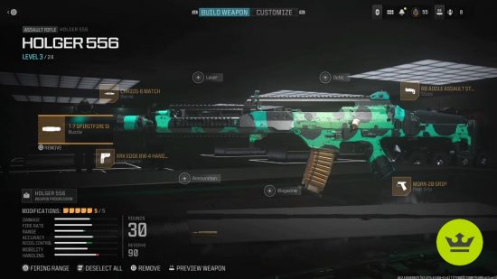 MW3 Holger 556 loadout: The Holger 556 build in the customization menu.