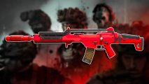 MW3 Holger 556 loadout: The Holger 556 build painted red, set against a blurred background of promotional art depicting key characters.