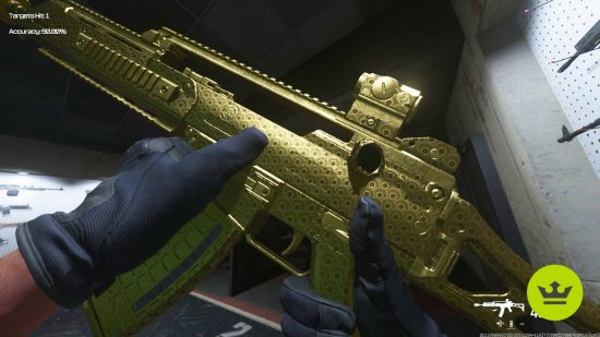 MW3 Holger 556 loadout: A Gilded camo Holger 556 loadout being inspected by the player.