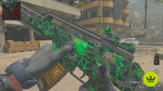 MW3 Holger 556 loadout: The player inspecting a black and green camo Holger 556 loadout.