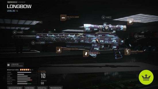 MW3 Longbow loadout: The Longbow build in the class customization screen, shown with a blue camo.