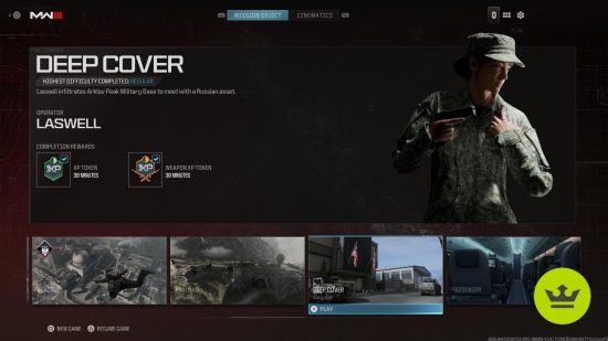 MW3 missions: Deep Cover in the campaign level menu, showcasing the rewards and description.