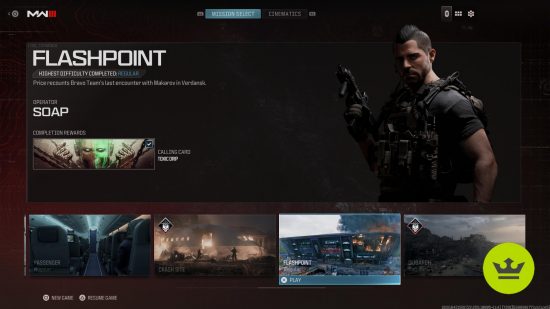 MW3 missions: Flashpoint in the campaign menu with the level description and rewards associated.