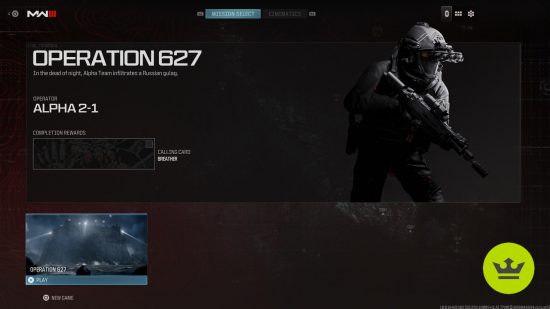 MW3 missions: Operation 627 in the level select screen, showing the description and rewards.
