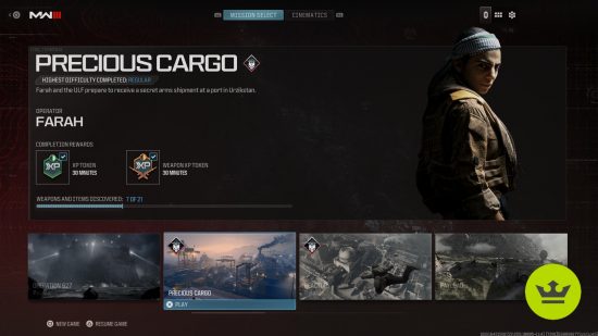 MW3 missions: Precious Cargo in the level screen displaying the description and rewards.