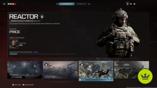 MW3 missions: Reactor in the mission page, with the level description and rewards.
