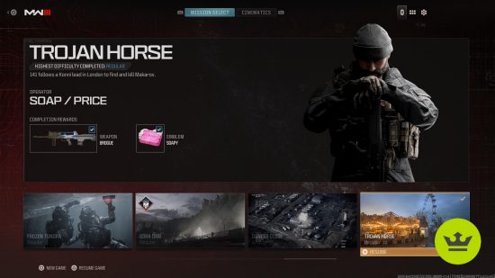 MW3 missions: Trojan Horse in the campaign menu, with the goal and rewards listed.