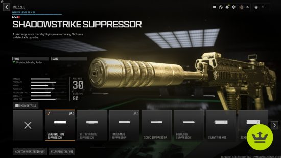 MW3 MTZ-556 loadout: The Shadowstrike Suppressor shown on the MTZ-556 in the customization screen, painted in the Gilded camo.