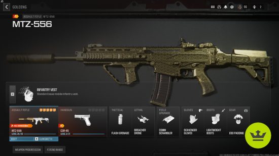 MW3 MTZ-556 loadout: An MTZ-556 class setup in the customization page, showing the gun with a Gilded camo.