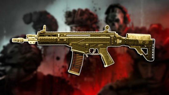 MW3 MTZ-556 loadout: The MTZ-556 build, painted in a golden Gilded camo, set against a blurred image of promotional art depicting key characters from the story.