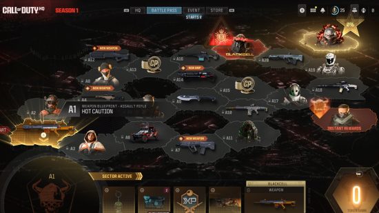 MW3 multiplayer Season 1: The Season 1 Battle Pass in the unlock screen, showing each sector and its associated rewards.