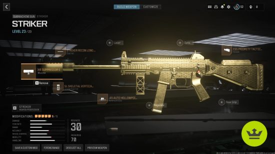 MW3 Striker loadout: The full Striker build in the class customization screen, with the gun painted gold.