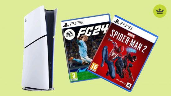 PS5 deals: A white PS5 console and box art for FC 24 and Spider-Man 2, set against a green background