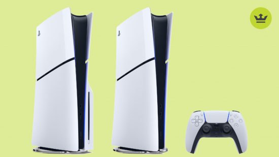 PS5 deals: The two versions of the PS5 Slim console and a PS5 DualSense controller set against a light green background