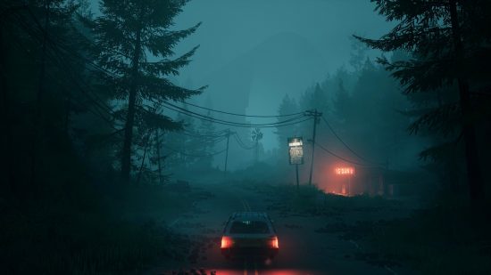 PS5 exclusives: A car driving down a road in a forest at night, with glowing shop signs on the right side of the road in the distance, from Pacific Drive.