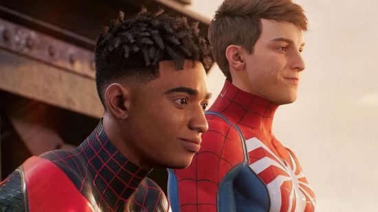 Spider-Man 2 multiplayer: a mask-less Miles and Peter staring at the city below