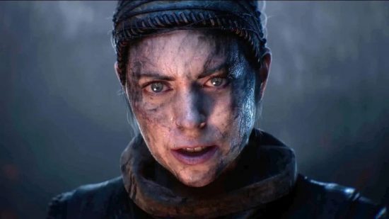 Xbox exclusives: Senua looking at the camera, covered in dirt, in Hellblade 2.