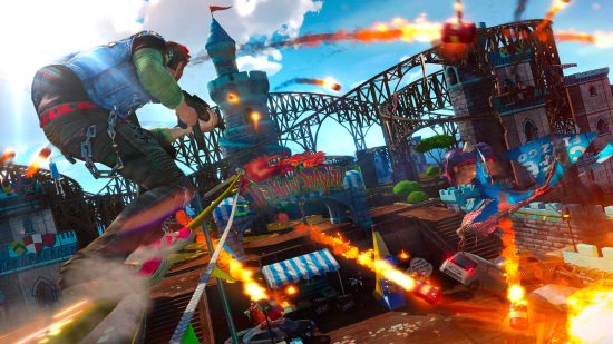 Xbox exclusives: A character grinding on a rollercoaster track with rockets flying nearby in Sunset Overdrive.