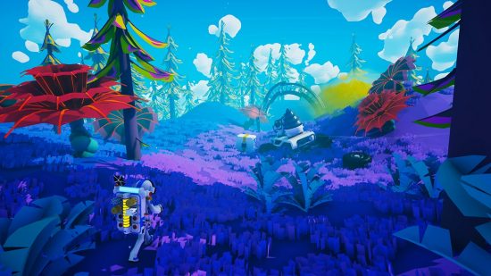 Xbox Game Pass Core games: An Astroneer running through a brightly colored woodland on an alien planet.