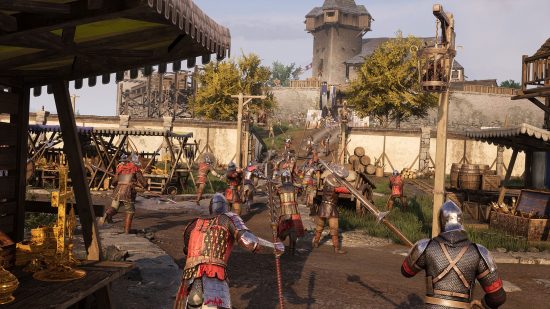 Xbox Game Pass Core games: A horde of knights charging towards a clash in a medieval village.