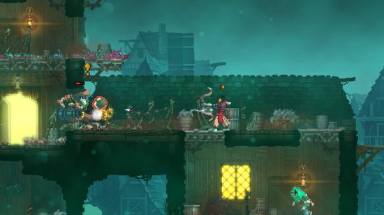 Xbox Game Pass Core games: The Prisoner aiming a bow at an enemy atop a building in Dead Cells.