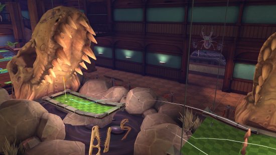 Xbox Game Pass Core games: A golf ball flying over a gap in a golf course track leading into a dinosaur skull in Golf With Your Friends.