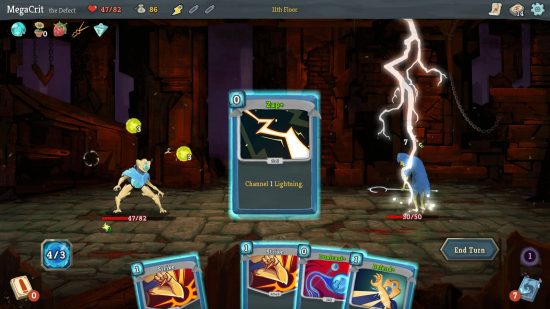 Xbox Game Pass Core games: A combat encounter in Slay the Spire, with a deck of cards at the bottom and two characters on either side, with the one of the right being stuck by lightning.