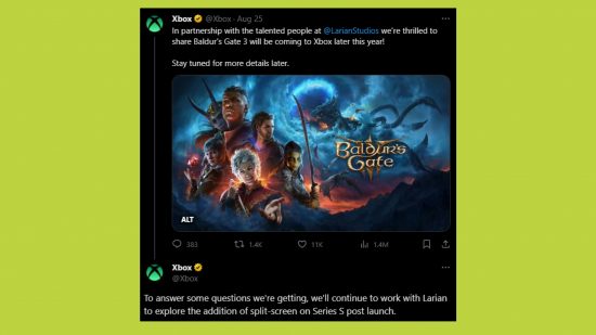 Xbox Series S current-gen console: a tweet explaining the Baldur's Gate 3 news above
