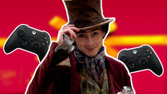 Xbox Wonka Sweepstakes contest: an image of Chalamet as Wonka and some Xbox controllers