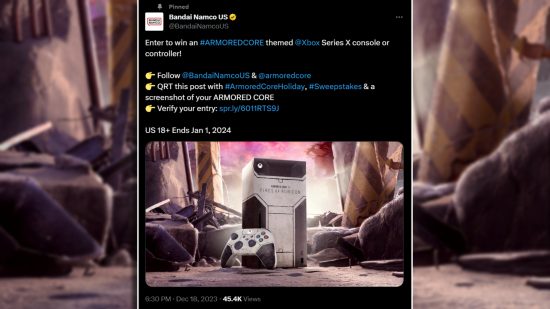 Armored Core 6 Xbox Series X limited edition console controller: A screenshot of the contest post from the Bandai Namco US Twitter, showing an image of the prizes and the rules.