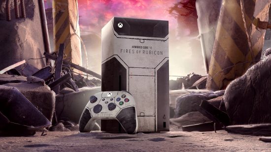 Armored Core 6 Xbox Series X limited edition console controller: The limited edition AC6 Xbox Series X and controller in a ruined environment from the game.