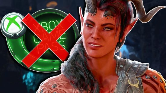 Baldur's Gate 3 Game Pass release not coming: Karlach from BG3 smirking, with a neon Xbox Game Pass sign to the left, covering with an slightly opaque red cross.
