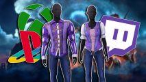 Baldur's Gate 3 Twitch Drops Xbox PS5: Two mannequins wearing the Twitch Drops clothes against a blurred background of promotional art. On the left is the Xbox and PlayStation logo, while on the right is the Twitch logo.