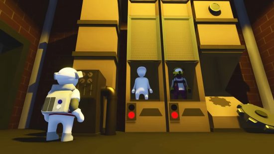 Best co-op games: a Human Fall Flat character looking at a big yellow machine