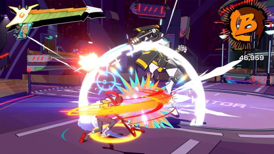 Best Game Pass games: The main character attacking an enemy in Hi-Fi Rush, resulting in a large glow effect.