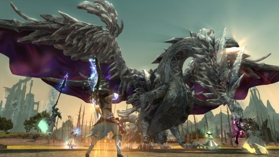 Best games: Several players attacking a large dragon in Final Fantasy 14.