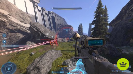 Best multiplayer games: A player defeating two enemies with a sniper rifle in a grassy environment in Halo Infinite.