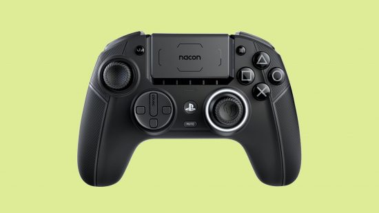 Best PS5 controller: A black Nacon controller set against a pale green backdrop