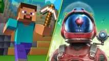 Best PS5 survival games: Steve from Minecraft running with a pickaxe and a person from No Man's Sky in a red spacesuit