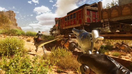 Best PS5 survival games: A first-person view of someone aiming a metal revolver at someone riding a dinosaur next to a large freight train