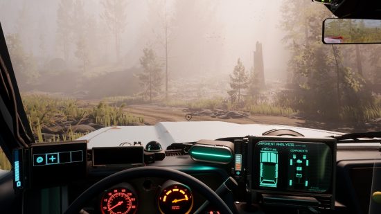 Best PS5 survival games: A first-person view of someone sat behind the wheel of a car driving through a woodland