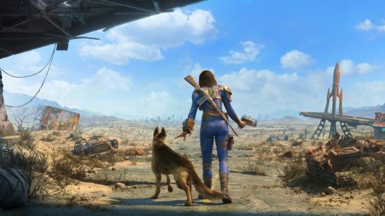 Best RPG games: A woman in a blue boiler suit with makeshift weapons strapped to her back walks through a post-apocalyptic wasteland with a dog by her side
