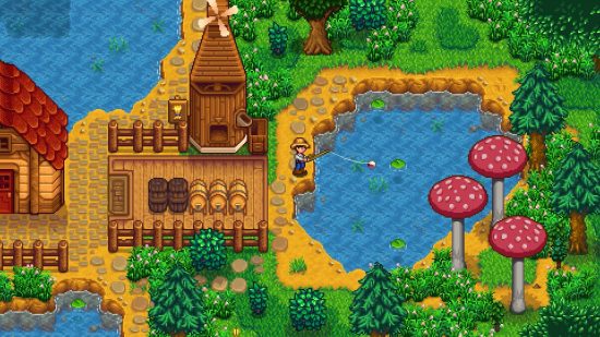 Best RPG games: A top-down screenshot of someone fishing in a lake in Stardew Valley