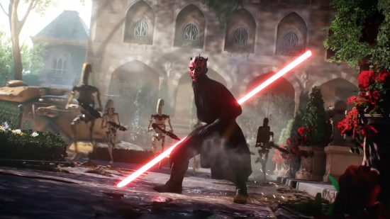 Best space games: Darth Maul with his twin red lightsaber in Star Wars Battlefront 2