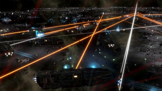 Best space games: a fleet of spaceships battling in space in Stellaris