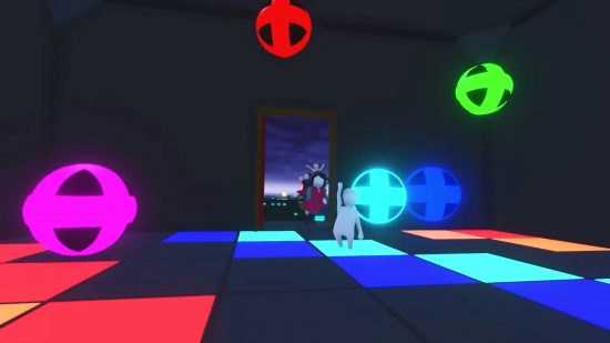 Best Xbox co-op games: a tiny white clay person on a disco floor in Human Fall Flat